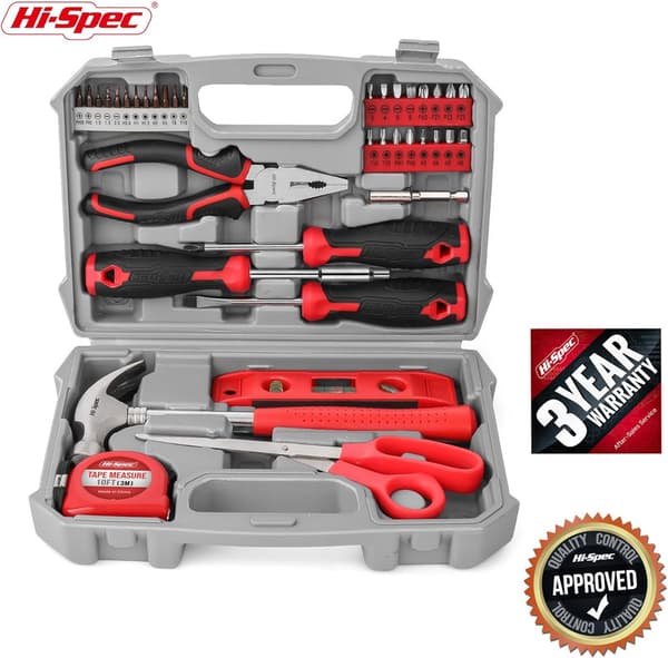 42 Piece Red Tool Box - Complete Tool Set with Hammer, Clamps, Screwdrivers