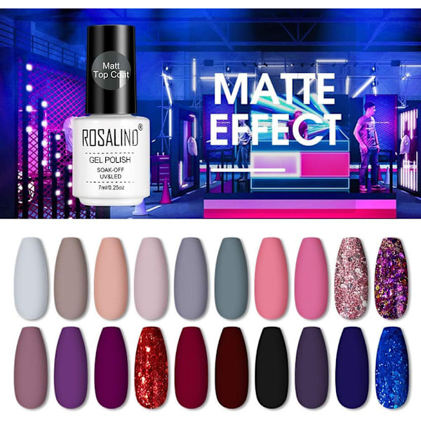 24 Färger UV Gel Nagelfärg Set, Nakenfärg Svart Röd Rosa Grön Lila Grå Glitter Nagelfärg 7ML, med 2 Baslack 1 Topplack 1 Matt Topplack, Blötlägg UV LED