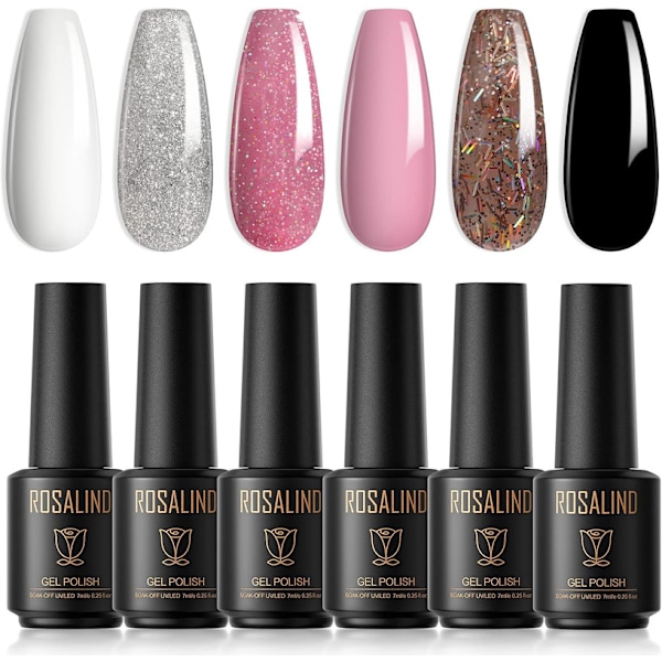 UV-nagellack 6x7ml Vit Grå Ljusrosa Brun Svart Glitterrosa Gelénagellack