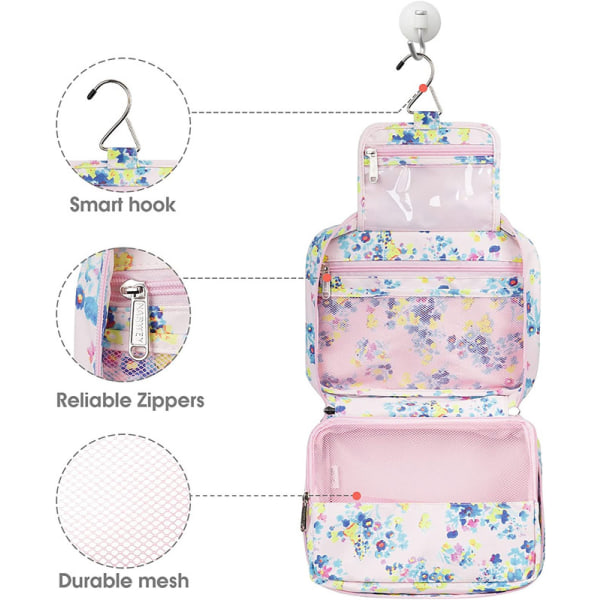 Hängande toalettväska, sminkväska för kvinnor, flickor, barn, vattentät, rosa blomma, gratis