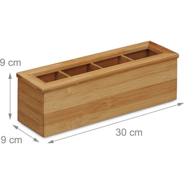 Bamboo Tea Box, 4 Compartments, Slim  Small, Elongated, Nature