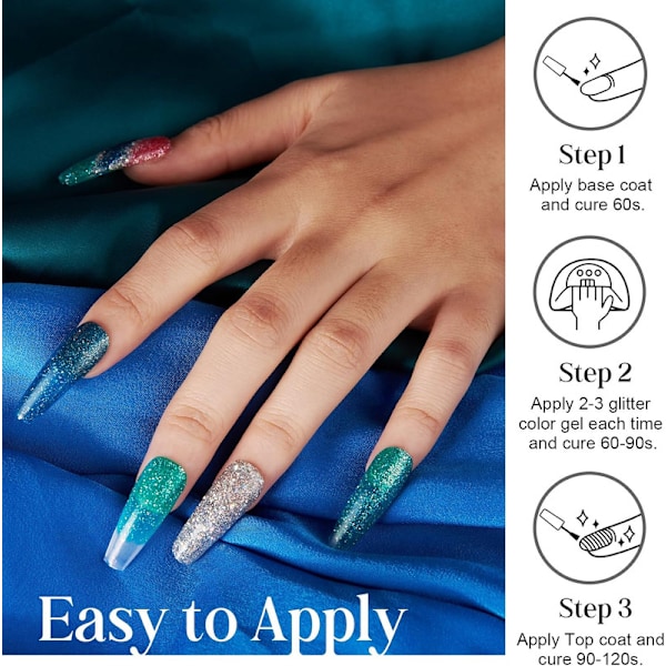 Glittergel för naglar, 2 x 15ml blått och grönt Shellac nagellack glitterset, blått och grönt glittergellack
