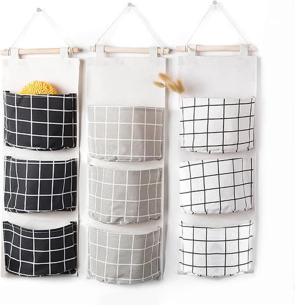 3 Pack Grid Hanging Pockets, Waterproof Organizer, Storage Accessories, (Black, White, Grey)