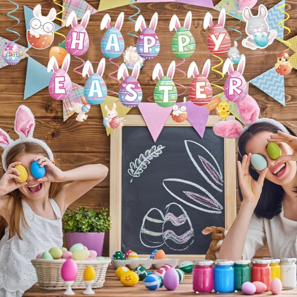 Glad påsk Banner Hängande papper Swirl 9st Påskhare Ägg Bunting Garland påsk