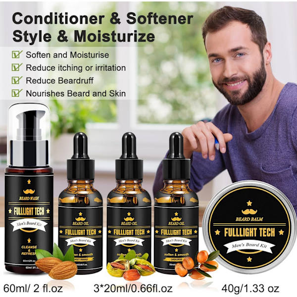 Bartcare set för män med barschampo, bar growth oil, skäggbalsam, skäggkam,