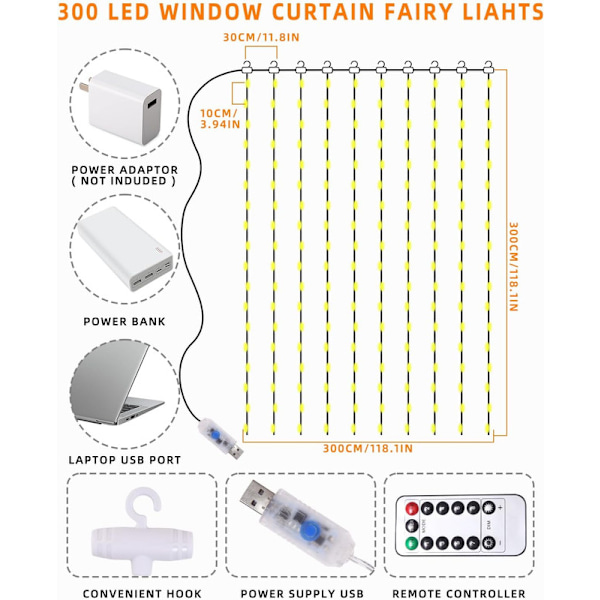 Ljusridå 3 x 3 m, 300 LED-gardinljusslinga USB Fairy Lights Gardin med fjärrkontroll