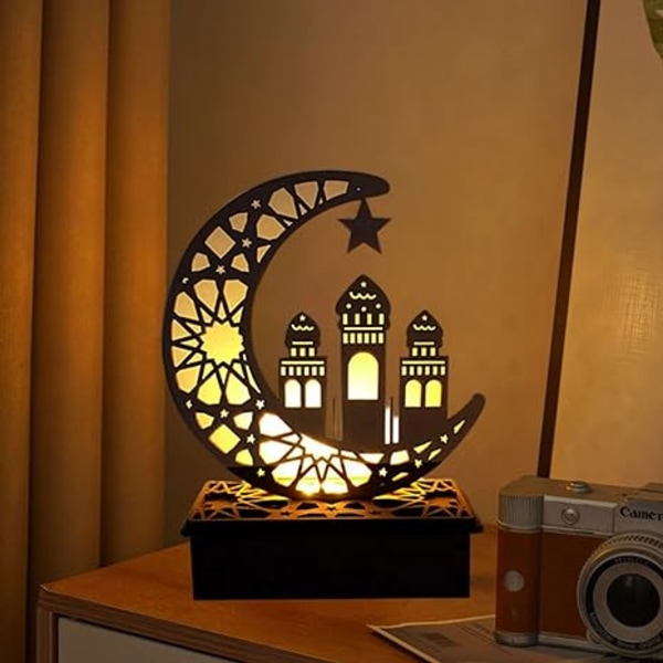 Trä LED-lampa Ramadan dekoration Crescent måne stjärna ljus muslimsk islam