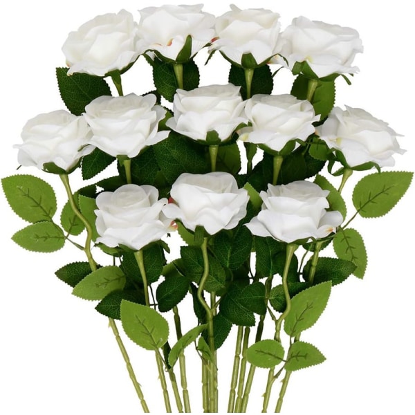 12 st Vita rosor konstgjorda blommor, elfenbensvita falska sidenrosor enkla stamblommor