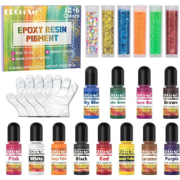 ERCorArt 12 Epoxy Resin Färger Flytande med 6 Glitterkoncentrerade Epoxy Resin Färgset