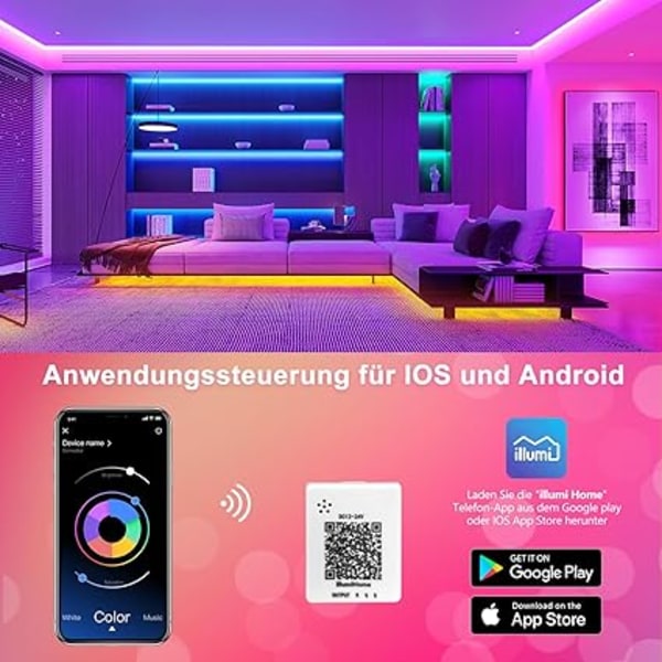 LED-remsa 15 m, Bluetooth LED-remsa 15 m, RGB LED-ljusslinga, remsa ljus med fjärrkontroll