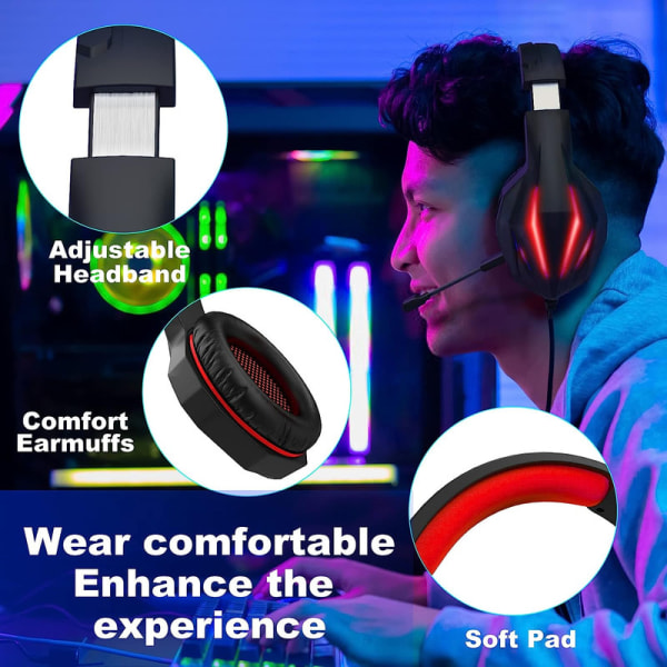 PS5 Gamer Headset PC med mikrofon, LED-ljus, 3,5 mm jack kompatibel