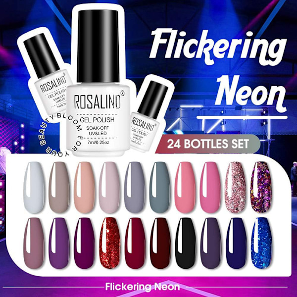 24 Färger UV Gel Nagelfärg Set, Nakenfärg Svart Röd Rosa Grön Lila Grå Glitter Nagelfärg 7ML, med 2 Baslack 1 Topplack 1 Matt Topplack, Blötlägg UV LED