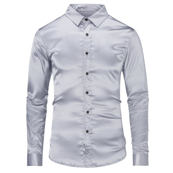 Sliktaa Casual Mode för män glänsande långärmad Slim-Fit formell skjorta Gray L