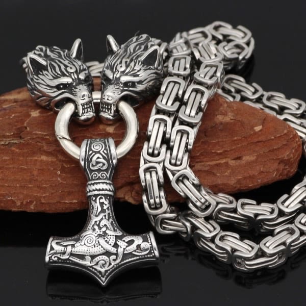 Bysantinskt kedjehängande Thors hammare i rostfritt stål Wolf Viking smycken 60cm