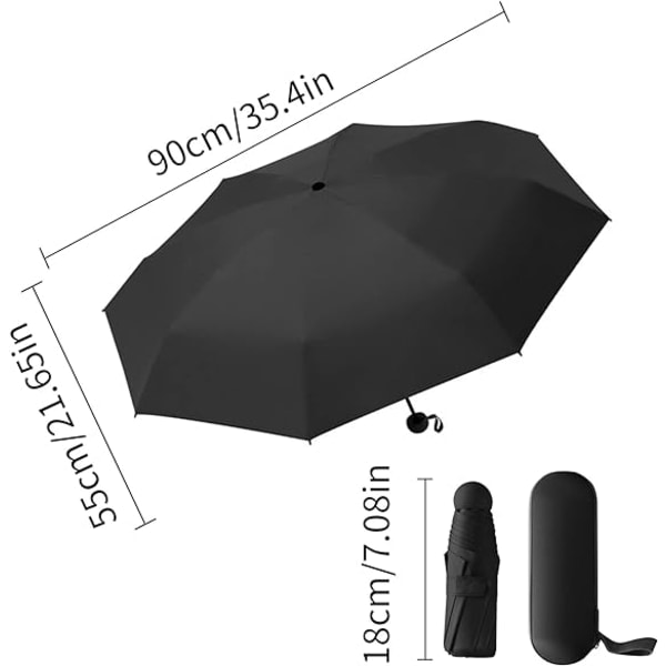 Vikbart paraply, 6 revben miniparaply Litet paraply med fodral Mini Anti-UV paraply Snabbtorkande och ultralätt kompakt (svart)