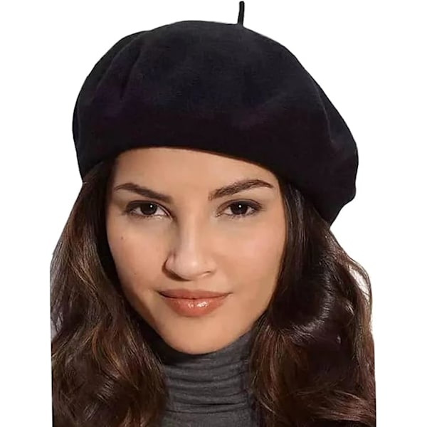 Women Wool Beret Hat French Style Solid Color，Black