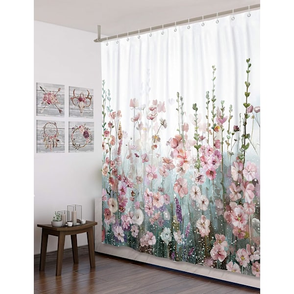 Färgglatt blommigt duschdraperi rosa romantiska vilda blommor badrum [YD]