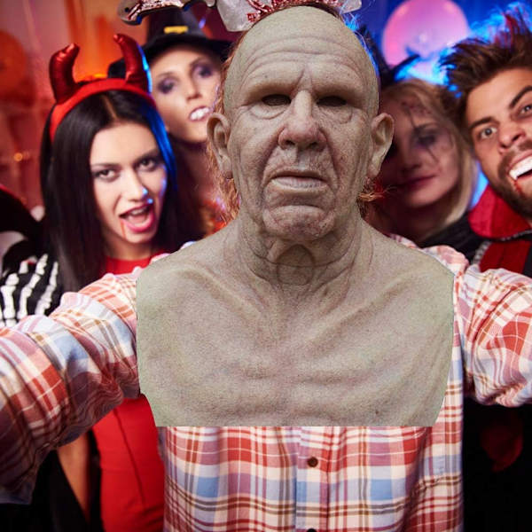 Halloween Gubbmask, Den äldre Gubben Huvudbonader Realistisk Silikonmaskerad Helhuvud Knepig rekvisit Bald Head Old Man