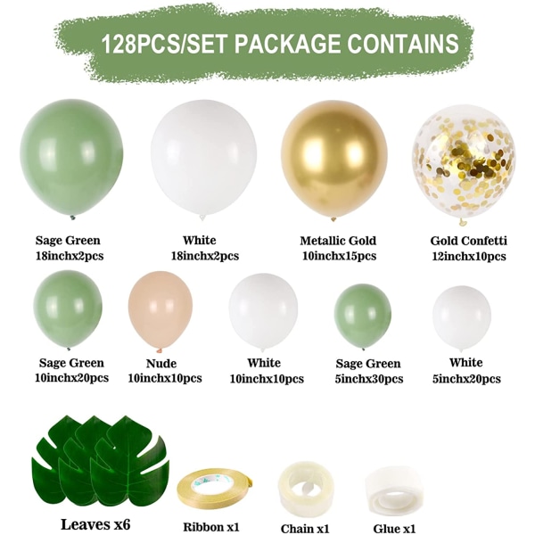 Olivgrön födelsedagsballongbåge, 128 st Sage Green Ba