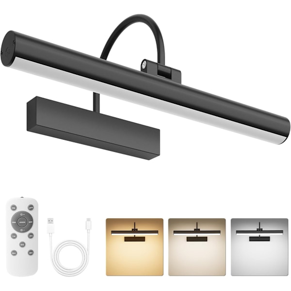 Genopladelig billedlampe med fjernbetjening, dæmpbar og 3 farvetemperaturer, batteridrevet væglampe med timer & hukommelse - Sort Black