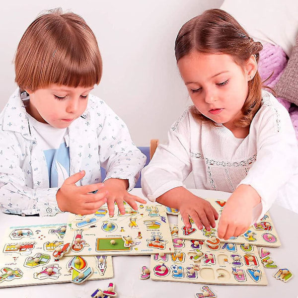 Pussel för småbarn, träpussel med knoppar för småbarn, 3-pack havsvärld, transportmedel, fruktpussel för barn 3-6 år, tidig pedagogisk förskola