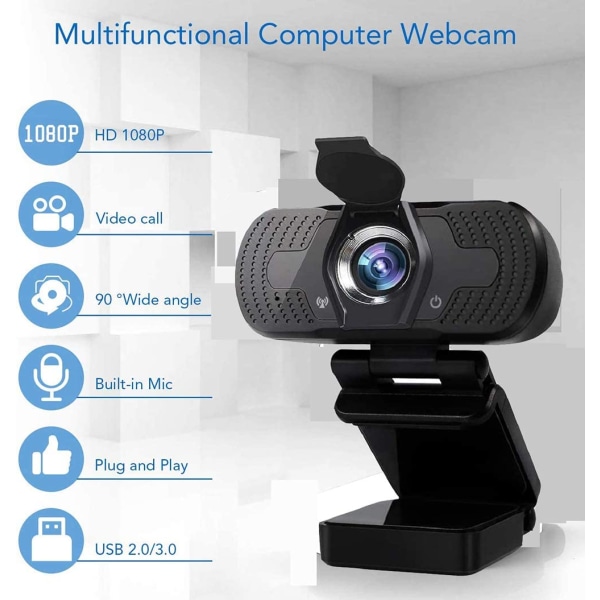 Full HD Webcam 1080P Computerkamera med Mikrofon Privacy Cover