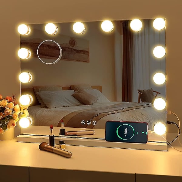 Led-spejl USB-vaskeskab med lys på 10 pærer 3 lystilstande Bordplade vægmonteret make-up-spejl (kun lamper)