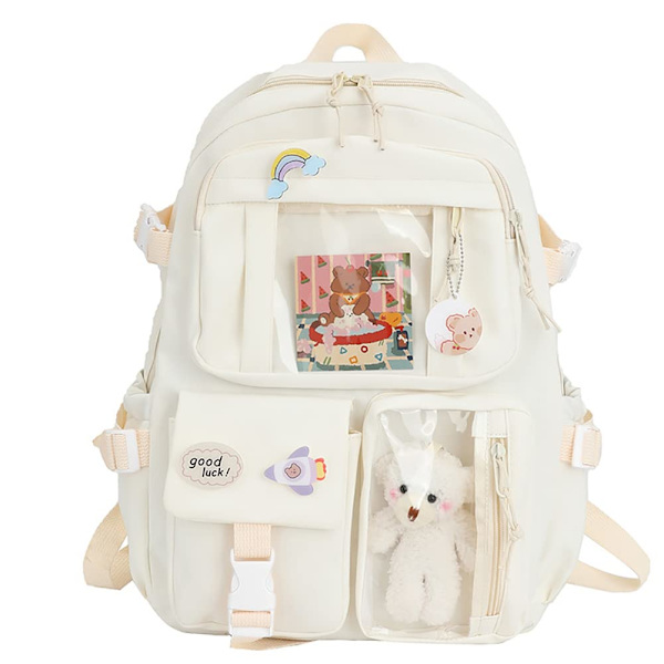 Kawaii-ryggsäck med nålar och tillbehör, stor kapacitet söt björn tillbehör ryggsäck för tonårsflickor vit