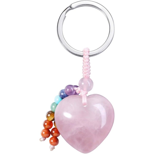 Natural Rose Quartz Crystal Heart Love Stone Nyckelring 7 Chakra Reiki Healing Crystal Gemstone Beads Tofs Nyckelring