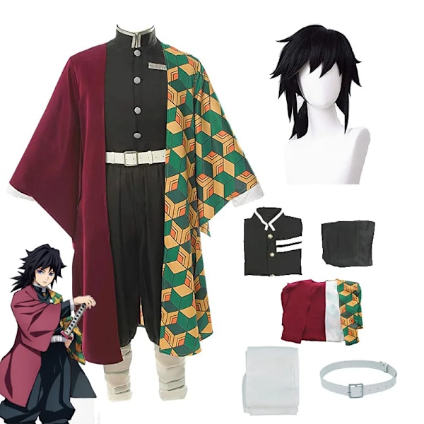 Mub- Fitspi Anime Demon Slayer Kimetsu No Yaiba Tomioka Giyuu Cosplay Puku Asu Uniformut Puvut Peruukki Lapsi Aikuinen Juhlapuku Asu Peruukki Costume Suit Wig L