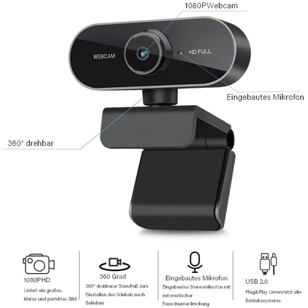 Webcam, with microphone and tripod, 1080P webcam for PC laptop desktop