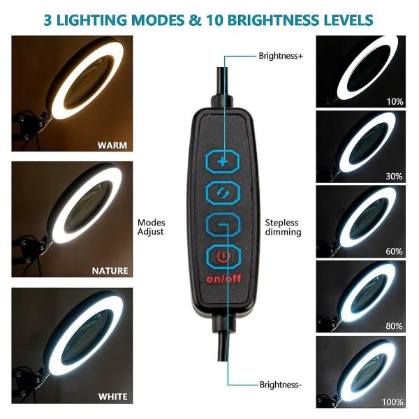 10x forstørrelsesglas med lys og 3 farvetilstande 10 lysstyrke Justerbar forstørrelsesglas bordlampe til -ge black