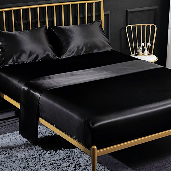4-delt ensfarget sateng sengetøysett 1 x dynetrekk 198x203 cm 2 personer med 35 cm dyp lomme, 1 x flatt laken og 2 x putevar, svart