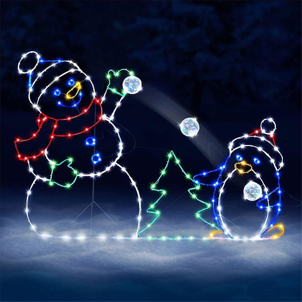 DIY Lekfull animeret snögubbe Snöbollskamp Juldekorationsbelysning, udendørsglödande snögubbeljus med 4 slingor