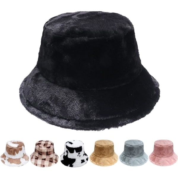 Vinter Bucket Hat - Dam Fluffy Fisherman Hat Mjuk fuskpäls Vinterhatt Fuzzy Furry Warm Hat Tjock bred brättad plyschhatt för kvinnor tjejer，svart