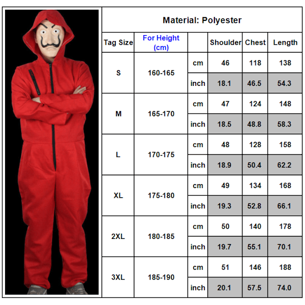 Salvador Dali Papirhuset Cosplay Penge Heist Jumpsuit + Maske L