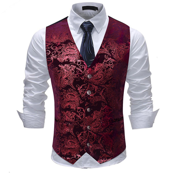 Allthemen Mens V- printed Business Casual Guld Silver Suit Väst Red L