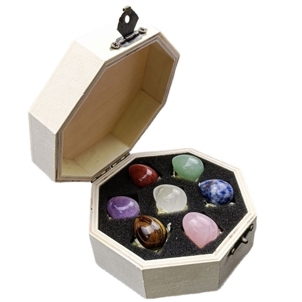 Chakra Stones Healing Crystals Set med oppbevaringsboks tumlad og polert dekorativ prydnad for hjemmekontorets trelåda