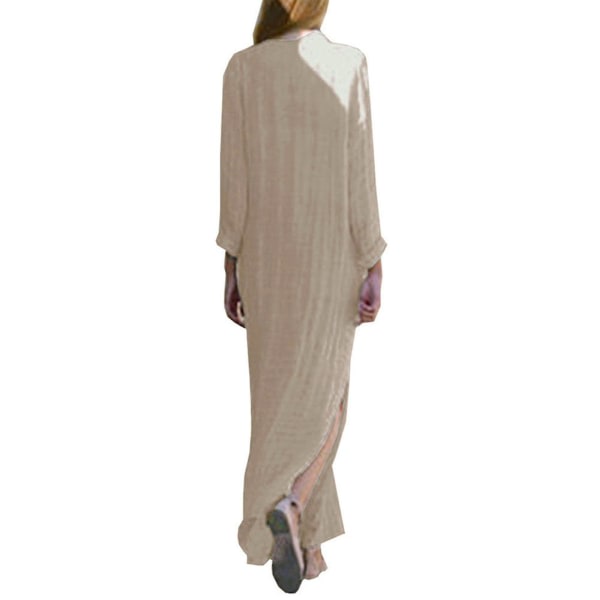 Printet langærmet kjole med V-hals klædt kant Baggy Kaftan lang kjole Khaki XL