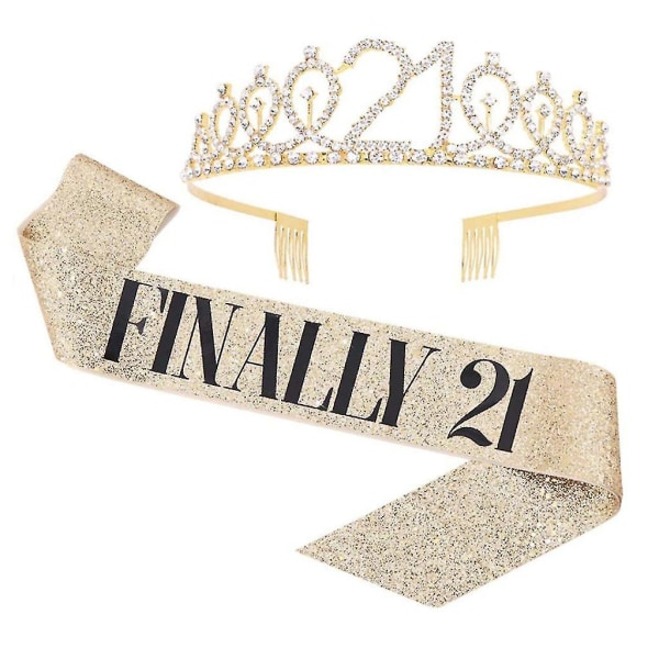 Kvinde Glimmerende Rhinestone Brev Print Sash Tiara Sæt Fødselsdag Golden 21 Years Old