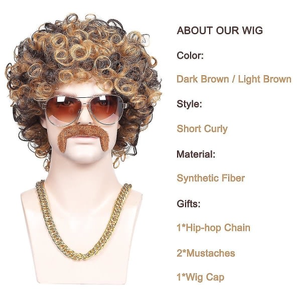 Kedja, mustasch och kort lockig peruk för 70-talets discofest, brun med blond (3 delar set)