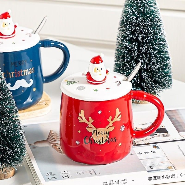 Julekrus fyr elg trykt tegneserie vandflaske med låg og ske Ny farverig festival husholdnings keramiske kaffekop Blå