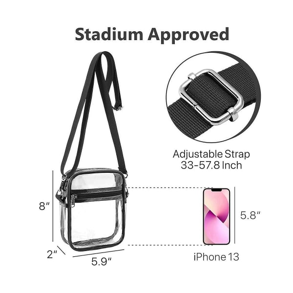 Läpinäkyvä laukku Stadium Hyväksytty läpinäkyvä käsilaukku säädettävällä olkahihnalla ulkourheiluun, musta