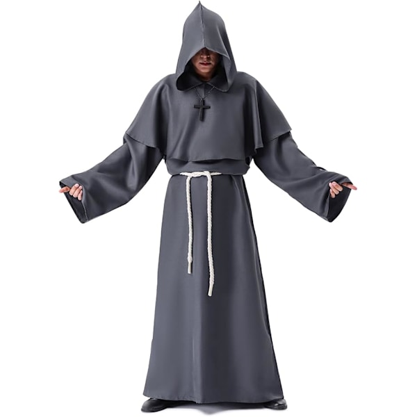 Munkkiasu, keskiaikainen luostarin munkki hupun kanssa, renessanssin pappi, takki, asu, Halloween ja naamiaisasu grey XXL