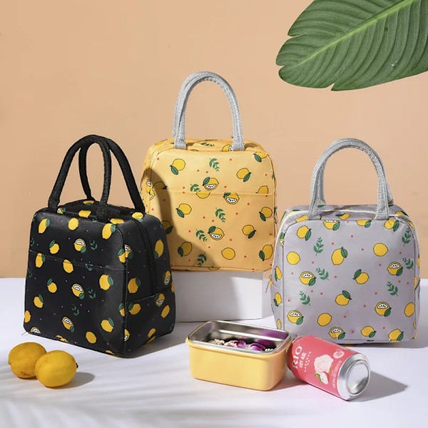 Söta Citron Vandtætte Lynlås Madpakke Tasker Sort Bærbar black 22*15*17cm
