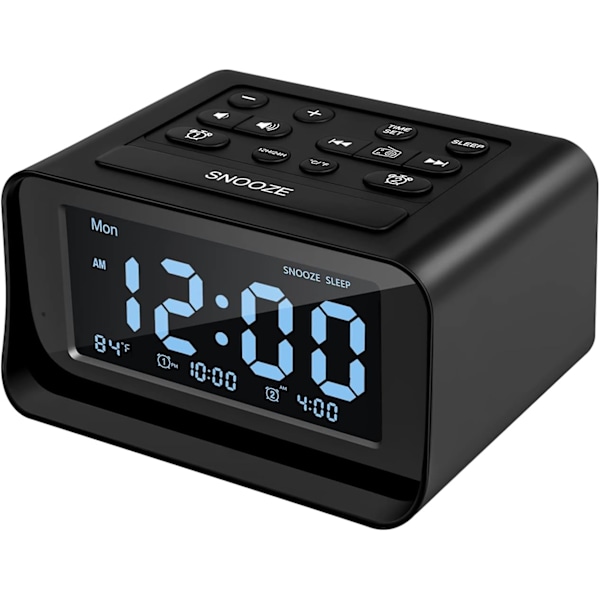 Radioväckarklocka med dubbla larm, digital väckarklocka med 2 USB-laddningsportar, 0-100 % dimbar, justerbar volym, inomhustermometer (svart)