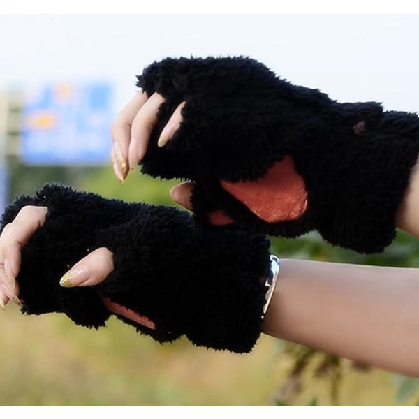 Supermykt tommelhull Halvfingerløse varme vinterhansker for kvinner Dame katteklohansker Plysj halvfinger bjørnepote fingerløse hansker