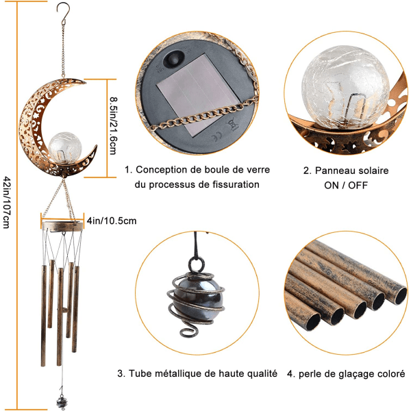 Solcelledrevne LED-vindklokker for hage, måne-vindklokker utendørs