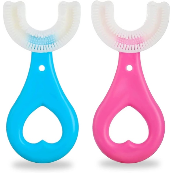 2 stk Barnetannbørster, U-formet tannbørste 360° all-round silikontennbørste for barn 2-6 år (blå og rosa