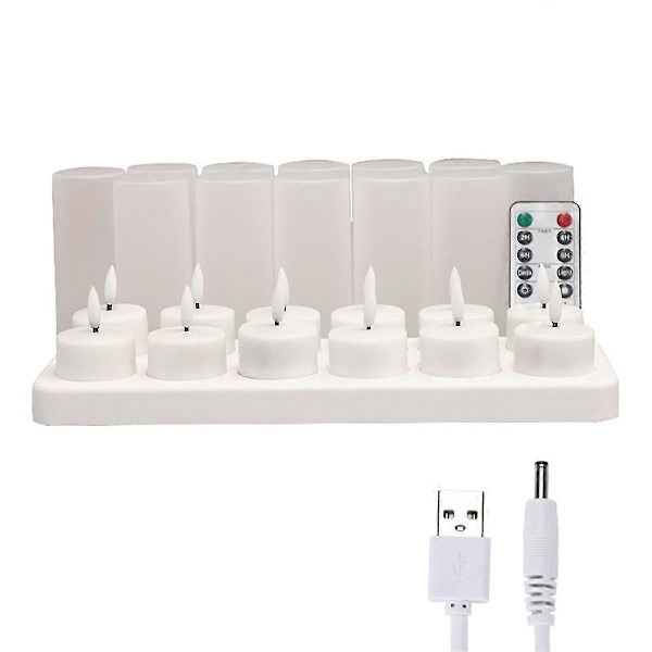 Fjärrkontroll LED Flamfria Ljus med Timer & Laddningsstation, 12-pack USB Uppladdningsbara [YDE]